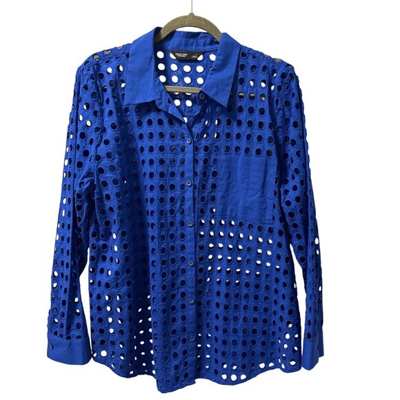 Simply Vera Vera Wang Blue Eyelet Long Sleeve Button-Up Shirt Sz L Sheer - Picture 5 of 10